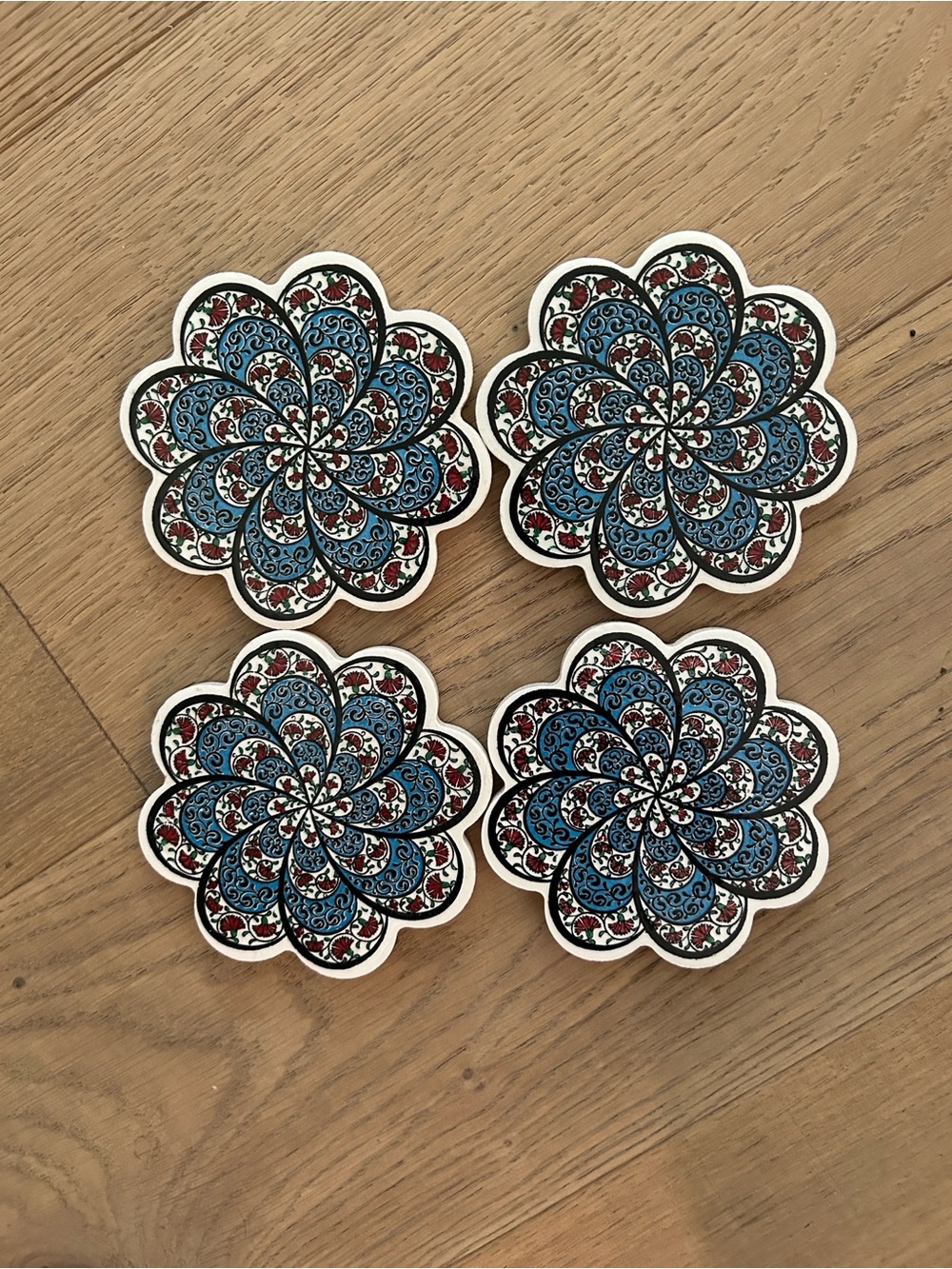 Decorative Blue Floral Ceramic Coasters - Set of 4